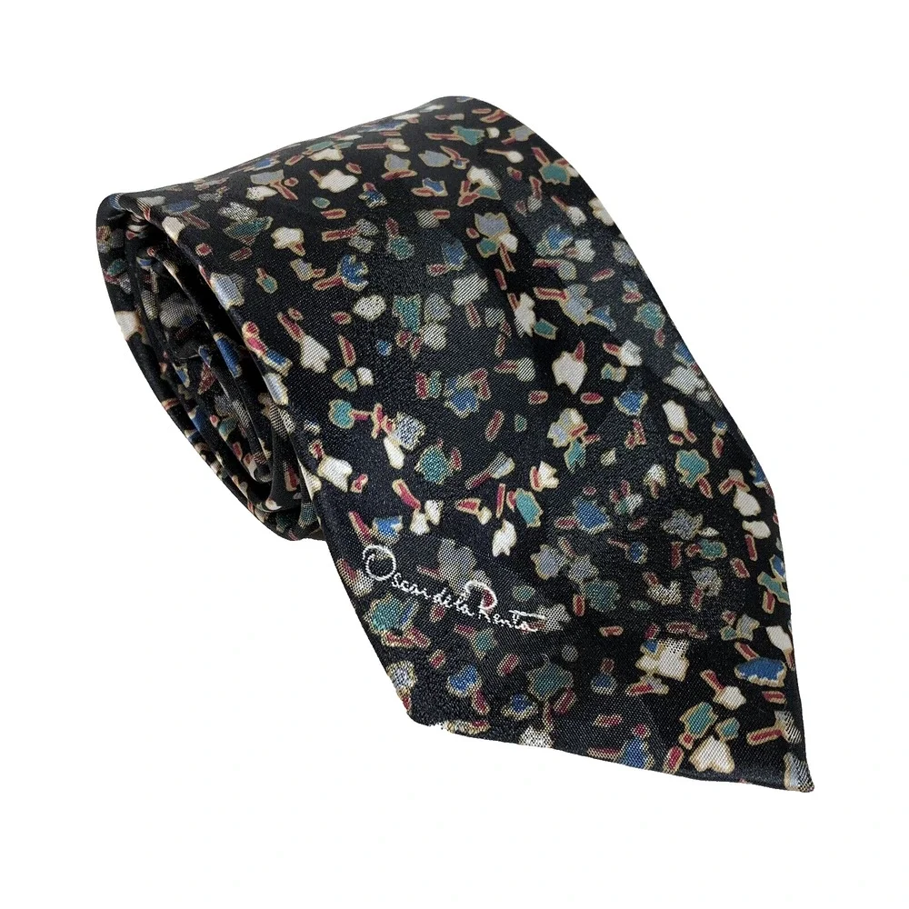 Vintage Oscar de la Renta Studio Tie Black Multicolor Geometric Print USA Retro